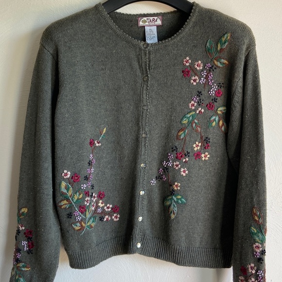 Vintage Tiara Green/Gray Floral Embroidered Cotton/Ramie Cardigan PL - Picture 14 of 14